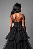 Black Ruffled Spaghetti Straps A Line Formal Dress