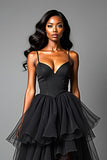 Black Ruffled Spaghetti Straps A Line Formal Dress