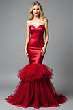 Red Mermaid Strapless Satin Tulle Formal Dress