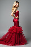 Red Mermaid Strapless Satin Tulle Formal Dress