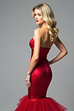 Red Mermaid Strapless Satin Tulle Formal Dress