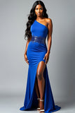 Royal Blue One Shoulder Sheath Sequins Formal Dress with Slit