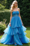 A Line Blue Strapless Ruffled Tiered Formal Dress