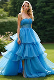 A Line Blue Strapless Ruffled Tiered Formal Dress