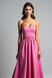 Fuchsia A Line Strapless Ruched Formal Dress