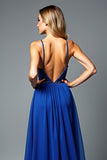 A Line Beaded Royal Blue Spaghetti Straps Wedding Guest Dress