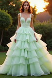 Green A Line Sweetheart Tiered Ruffled Formal Dress