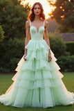 Green A Line Sweetheart Tiered Ruffled Formal Dress