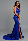 One Shoulder Sheath Royal Blue Prom Dress with Slit