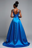 Royal Blue A Line Spaghetti Straps Satin Formal Dress with Slit