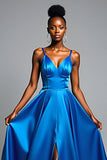 Royal Blue A Line Spaghetti Straps Satin Formal Dress with Slit