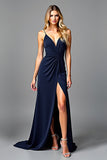 Spaghetti Straps Pleated Navy Sheath Formal Dress with Slit