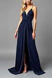 Spaghetti Straps Pleated Navy Sheath Formal Dress with Slit