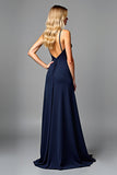 Spaghetti Straps Pleated Navy Sheath Formal Dress with Slit