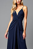 Spaghetti Straps Pleated Navy Sheath Formal Dress with Slit