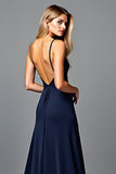 Spaghetti Straps Pleated Navy Sheath Formal Dress with Slit