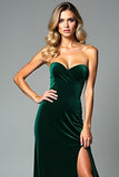 Velvet Dark Green Strapless Sheath Formal Dress with Slit