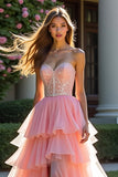 Pink Tulle Tiered Strapless Beaded Prom Dress with Slit