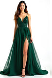 A Line Dark Green Spaghetti Straps Long Wedding Guest Dress