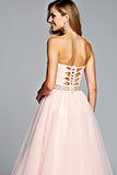 Light Pink Strapless A Line Tulle Formal Dress with Beading