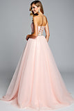 Light Pink Strapless A Line Tulle Formal Dress with Beading