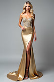 Golden Strapless Beaded Mermaid Formal Dress with Slit