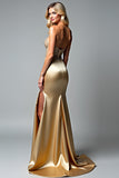 Golden Strapless Beaded Mermaid Formal Dress with Slit