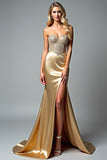 Golden Strapless Beaded Mermaid Formal Dress with Slit