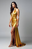 Halter Golden Sheath Beaded Formal Dress with Slit