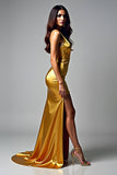 Halter Golden Sheath Beaded Formal Dress with Slit