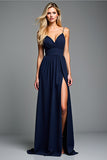 A Line Navy Spaghetti Straps Long Wedding Guest Dress