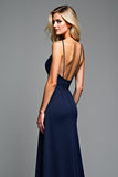 A Line Navy Spaghetti Straps Long Wedding Guest Dress