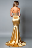 Sparkly Strapless Beaded Golden Sheath Formal Dress