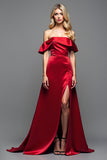 Off the Shoulder Burgundy Satin A Line Formal Dress with Slit