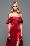 Off the Shoulder Burgundy Satin A Line Formal Dress with Slit