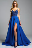 Spaghetti Straps Royal Blue A Line Beads Formal Dress with Slit