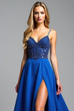 Spaghetti Straps Royal Blue A Line Beads Formal Dress with Slit