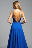 Spaghetti Straps Royal Blue A Line Beads Formal Dress with Slit