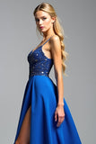 Spaghetti Straps Royal Blue A Line Beads Formal Dress with Slit