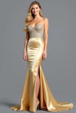 Golden Strapless Beads Sheath Formal Dress with Slit