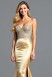 Golden Strapless Beads Sheath Formal Dress with Slit