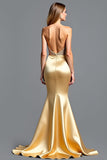 Golden Strapless Beads Sheath Formal Dress with Slit