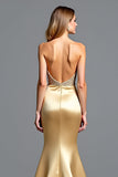 Golden Strapless Beads Sheath Formal Dress with Slit