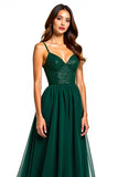 Dark Green Spaghetti Straps A Line Long Wedding Guest Dress with Slit