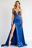 Strapless Beads Royal Blue Sheath Formal Dress with Slit