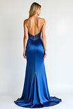 Strapless Beads Royal Blue Sheath Formal Dress with Slit