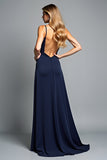 A Line Navy Spaghetti Straps Long Formal Dress with Slit