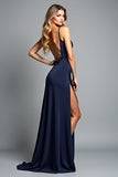 A Line Navy Spaghetti Straps Long Formal Dress with Slit