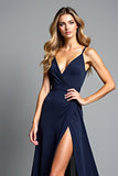 A Line Navy Spaghetti Straps Long Formal Dress with Slit