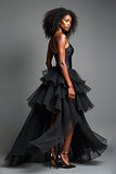 Black A Line Long Spaghetti  Straps Formal Dress with Ruffles